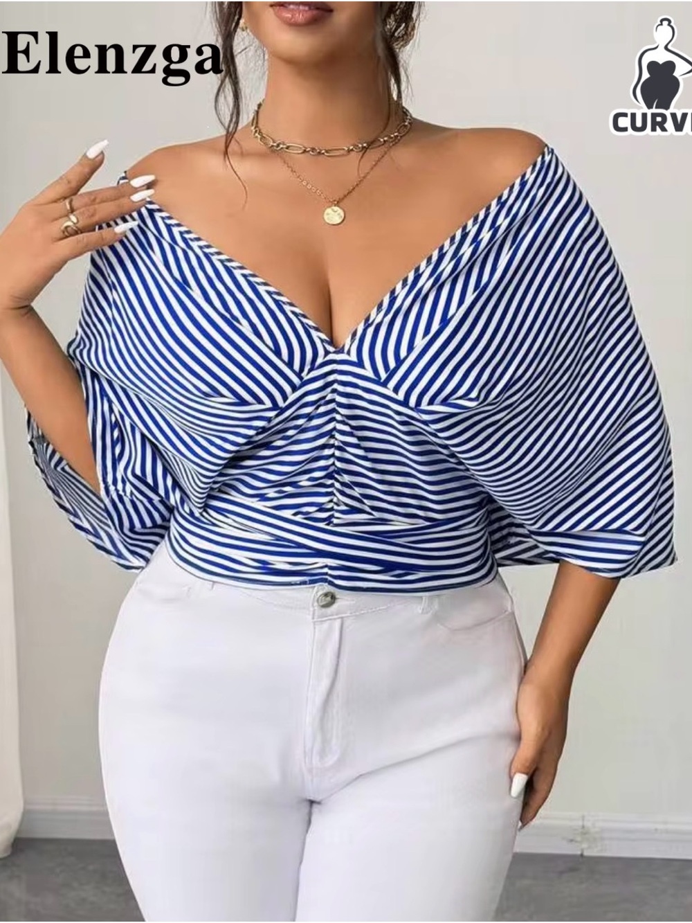 Blue & White Striped Off-Shoulder Knot-Front Blouse